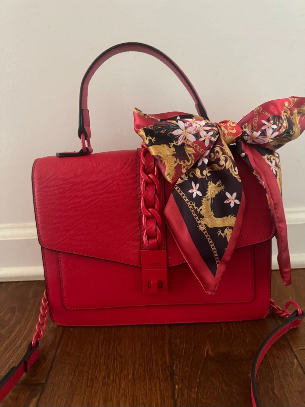 Aldo Red Top-Handle Satchel with Patterned Scarf Accent  10 1/2 W 8H  3 1/2 D